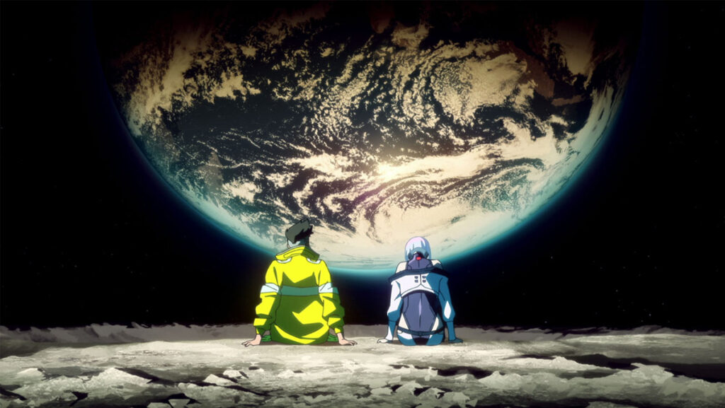 Hombre y mujer mirando la Tierra en serie de anime