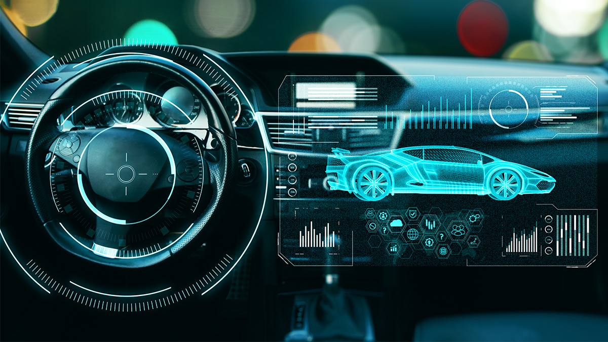 Interior de auto futurista con muchos componentes digitales