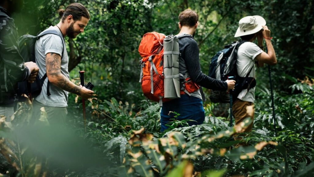 Hombres de excursión en la naturaleza