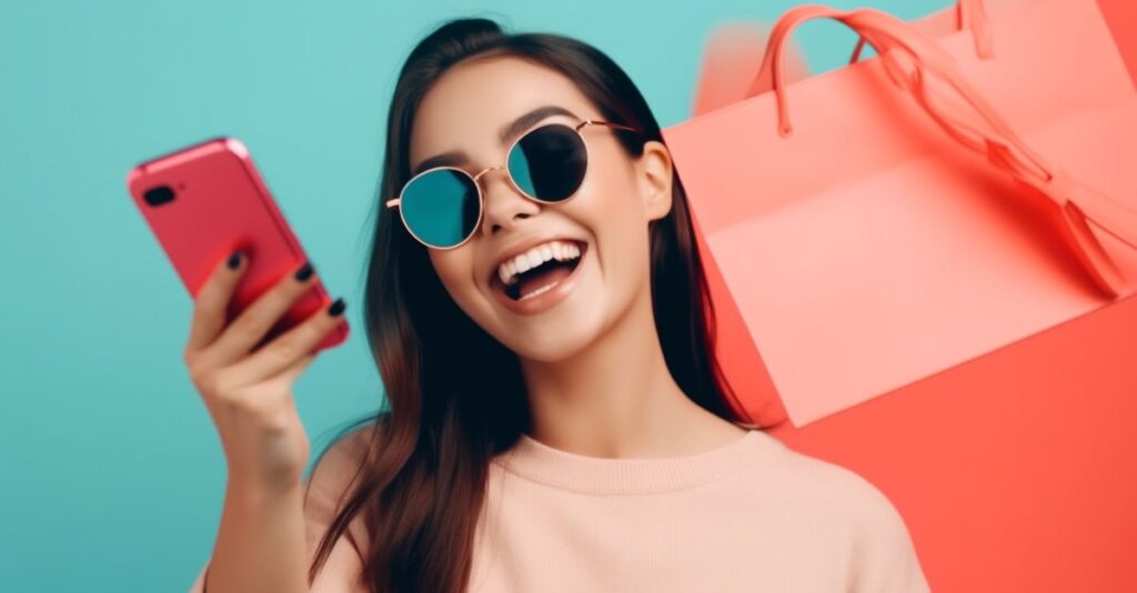 Mujer feliz por comprar online