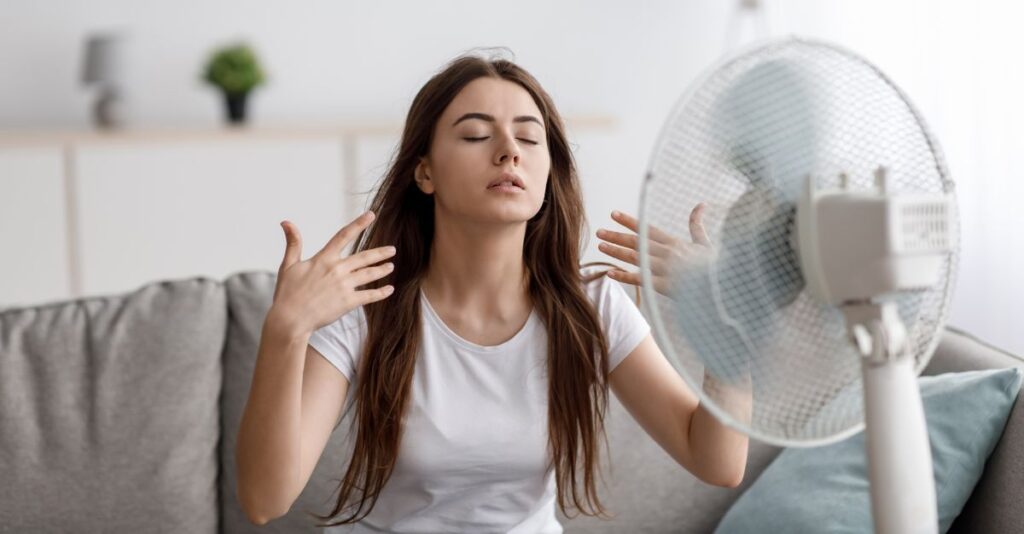 Mujer frente a ventilador