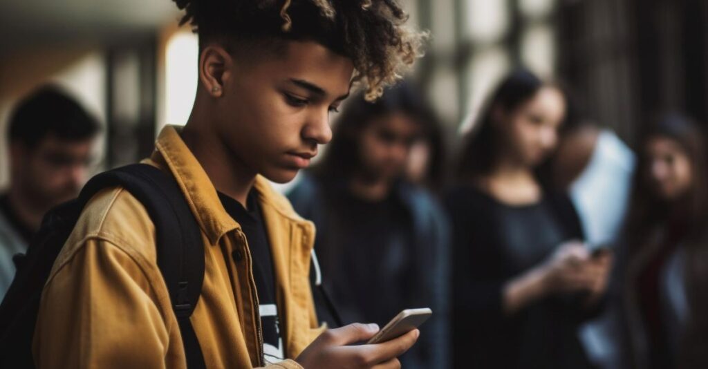 Joven afroamericano usando celular