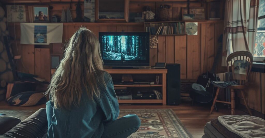 Mujer de cabello largo viendo TV