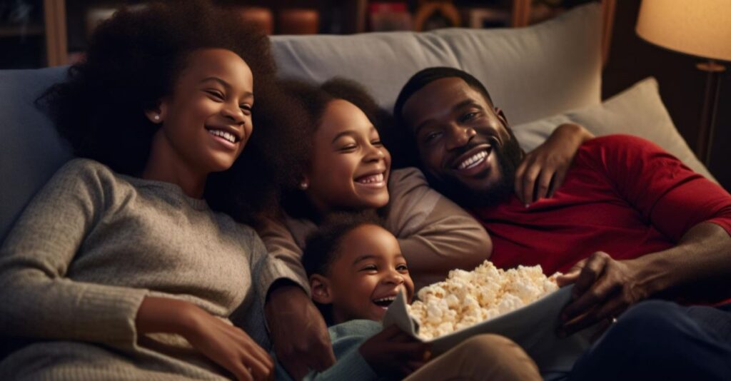 Familia viendo películas con palomitas
