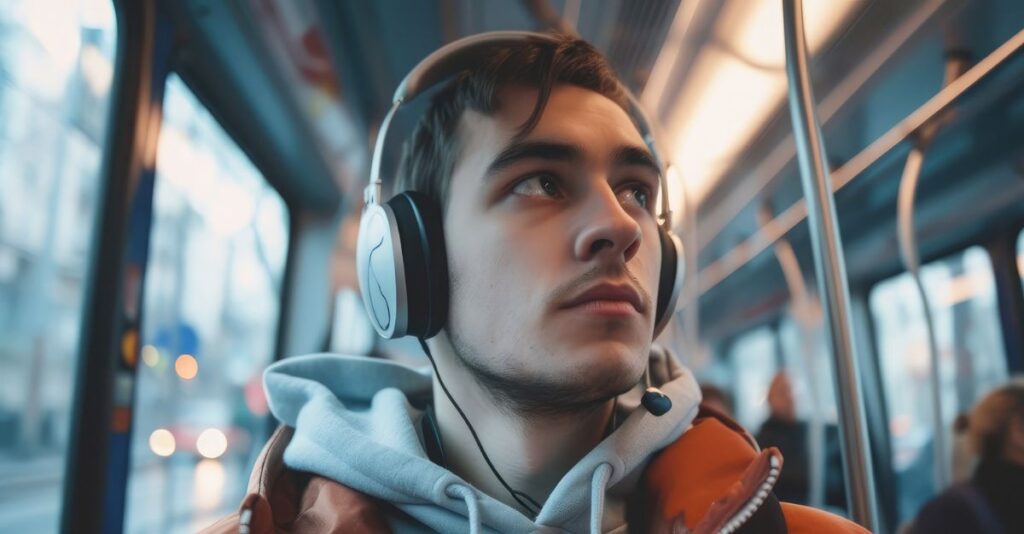 Hombre con audífonos escuchando Spotify