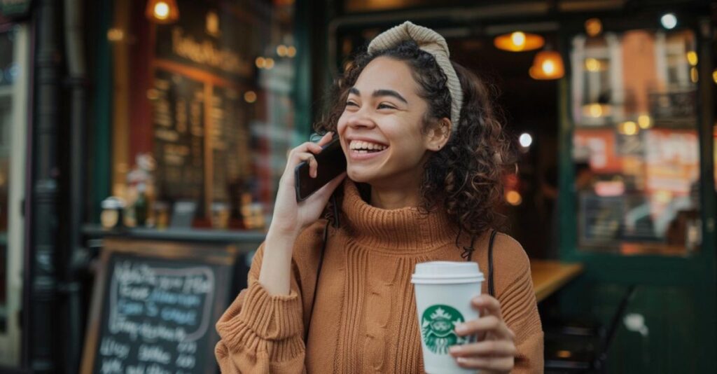 Mujer con café de Starbucks