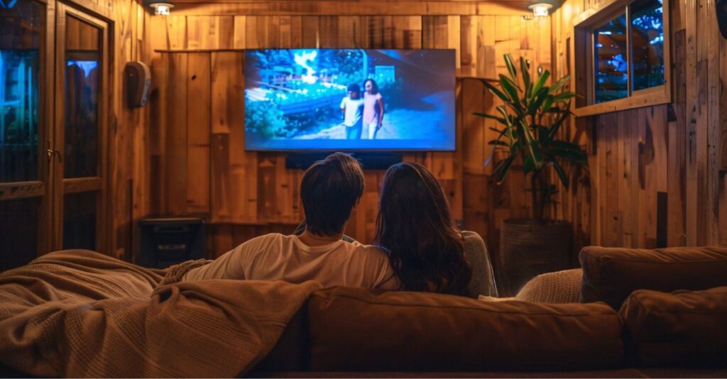 pareja viendo película en casa