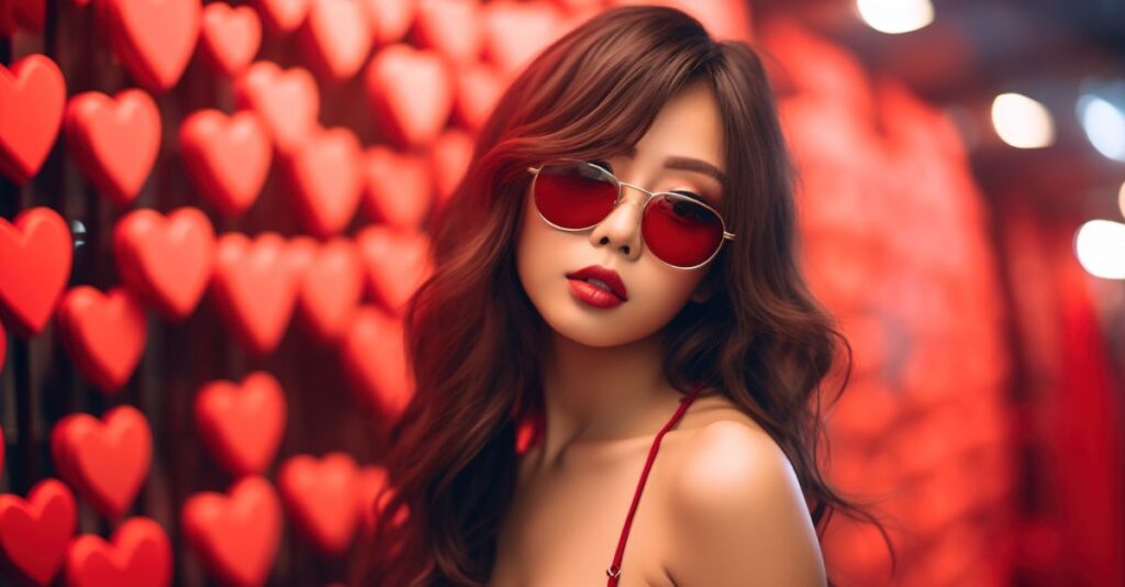 Mujer asiática gafas rojas