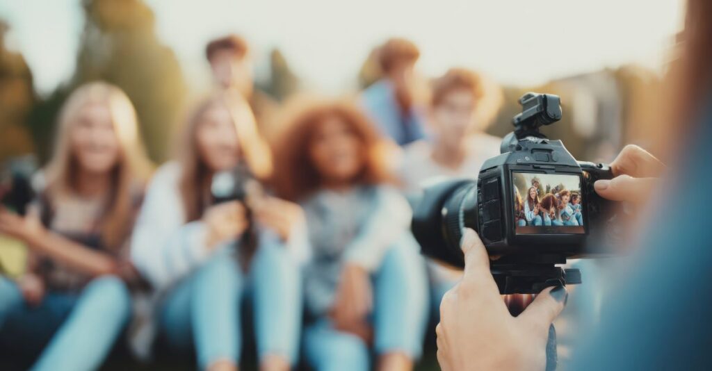 Jóvenes tomandose foto con cámara profesional