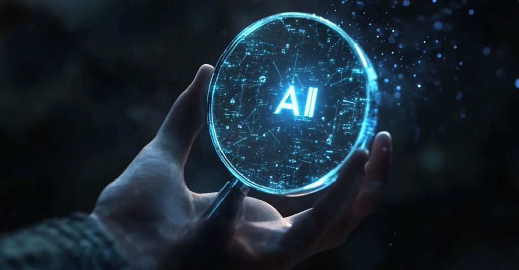 Mano sosteniendo cristal con letras IA