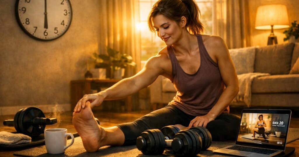 mujer estirando entrenando en casa