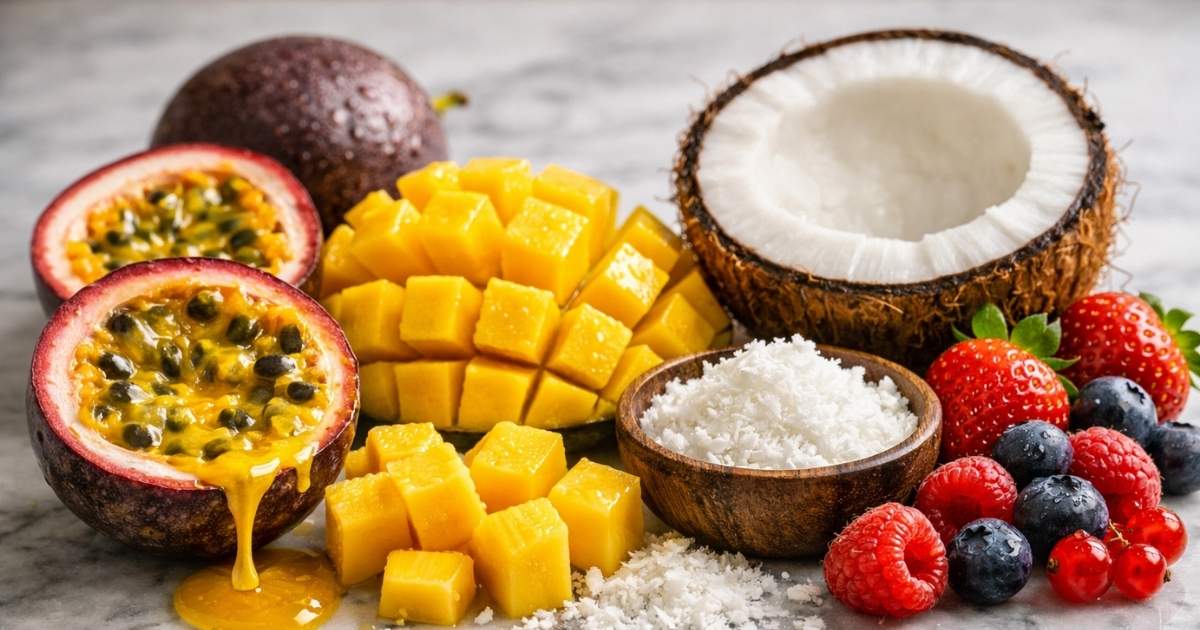 maracuyá coco mango y frutos rojos