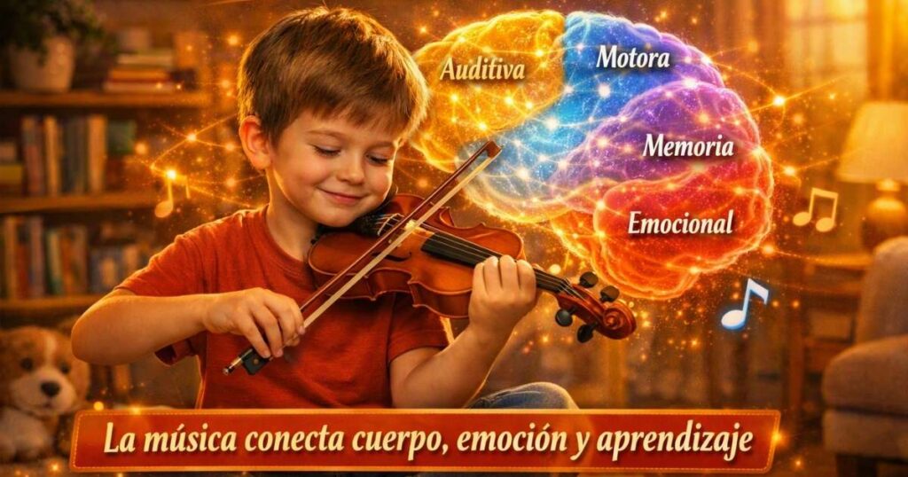 Imagen que muestra las partes del cerebro que se activan cuando se toca un instrumento