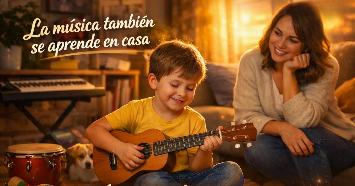 Imagen que muestra a un niño aprendiendo a tocar un instrumento en el hogar