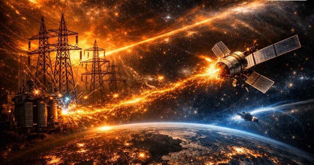Imagen que muestra los efectos de una tormenta geomagnética en redes eléctricas y satélites
